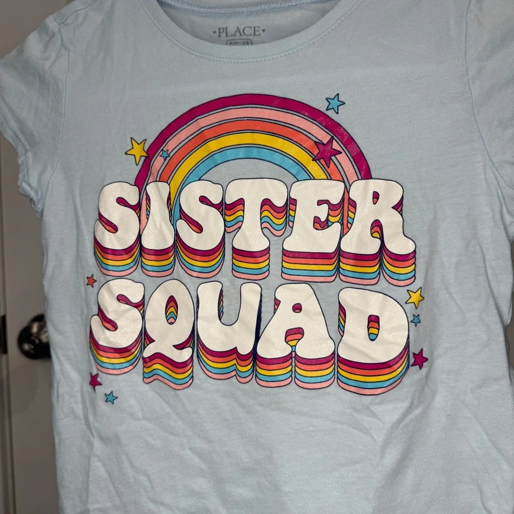 The Childrens Place Girls Light Blue Sister Squad Rainbow Graphic Tee Size M 7/8